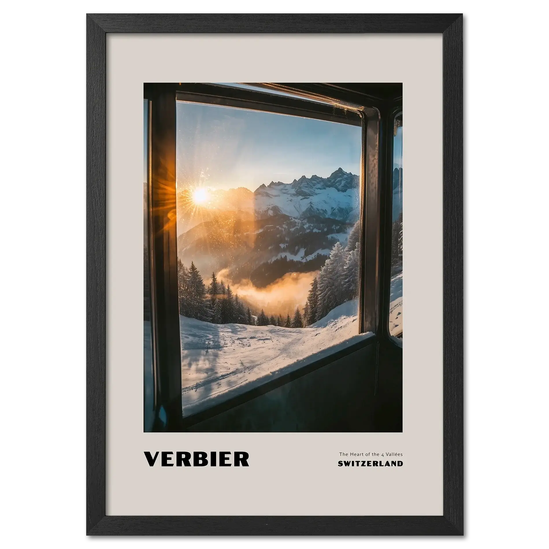 Verbier - The Heart of the 4 Vallées - Poster showcasing sunrise over snowy mountains seen from a mountain lift window.