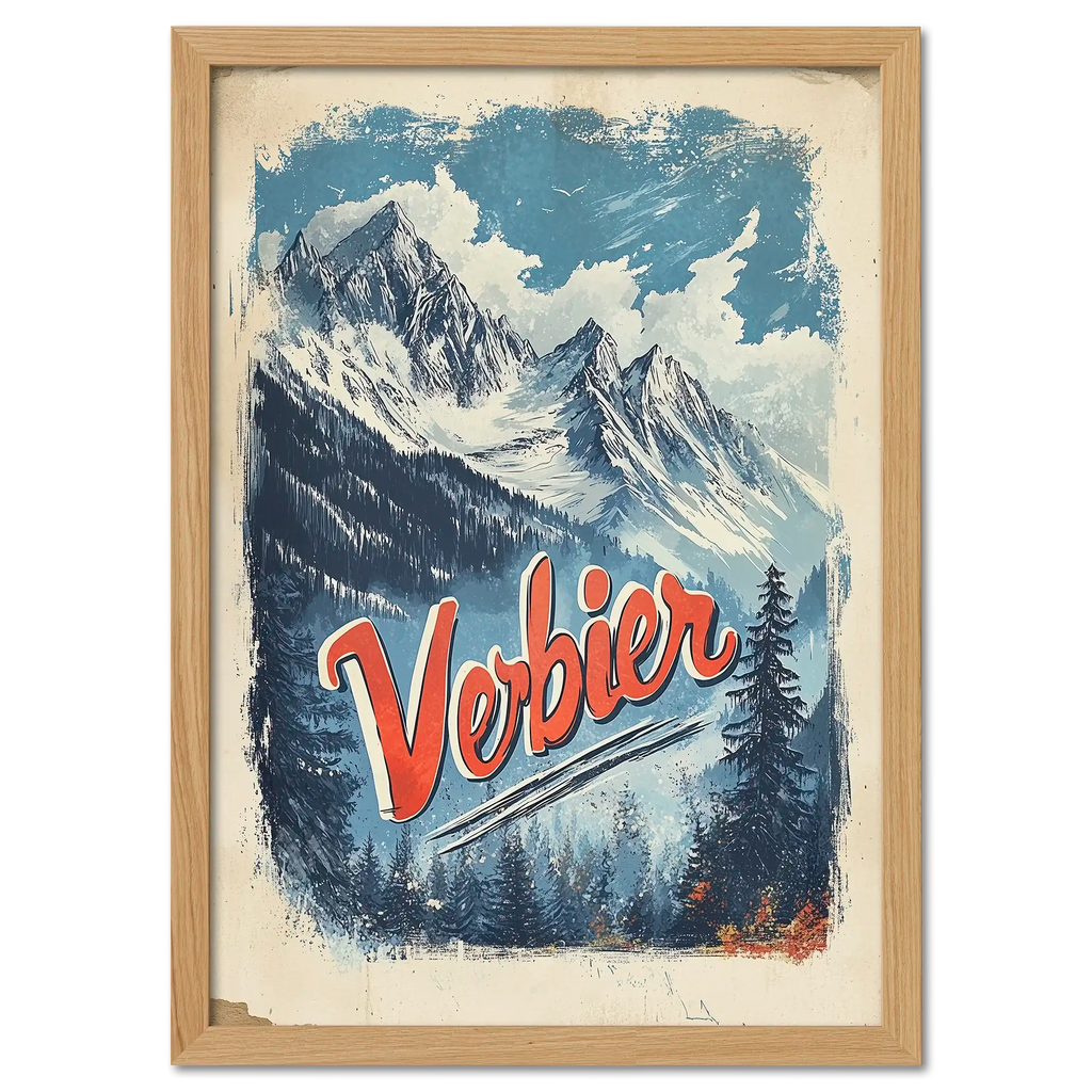 Verbier - Majestic Peaks - Poster featuring alpine peaks, dark forests, and bold lettering in a classic travel style.