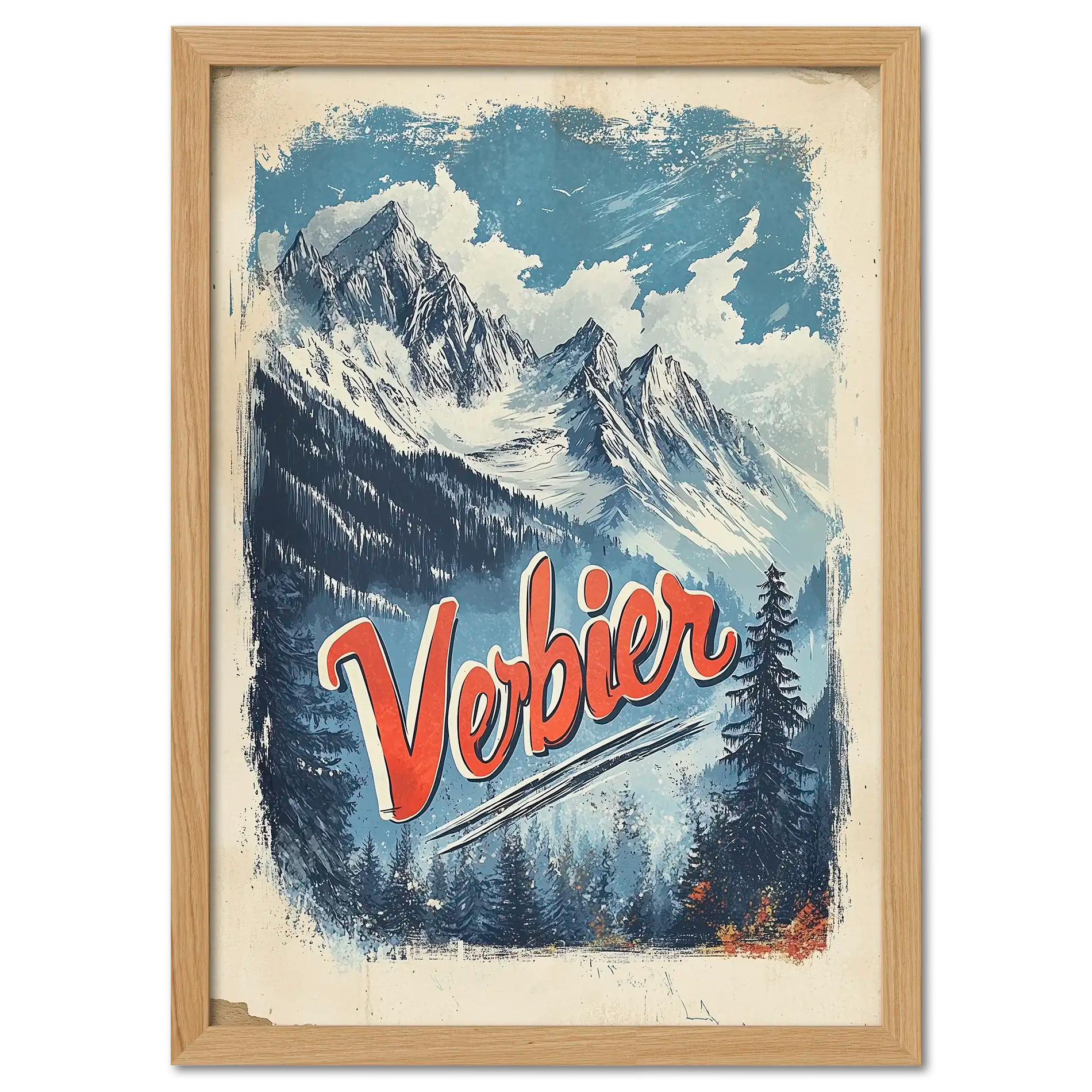 Verbier - Majestic Peaks - Poster featuring alpine peaks, dark forests, and bold lettering in a classic travel style.