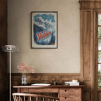 Verbier - Majestic Peaks - Poster displayed in a stylish interior with wooden furniture.