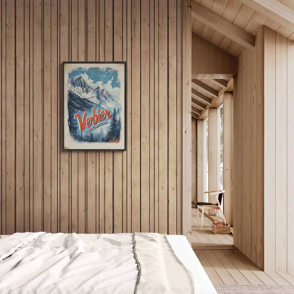 Verbier - Majestic Peaks - Poster framed in a wooden interior with soft tones, ideal wall art for modern minimalist spaces.