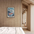 Verbier - Majestic Peaks - Poster framed in a wooden interior with soft tones, ideal wall art for modern minimalist spaces.