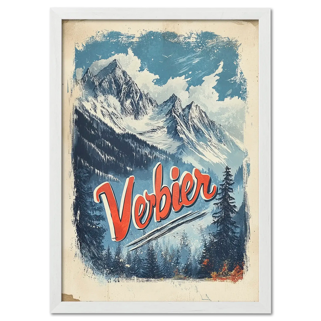 Verbier - Majestic Peaks - Poster featuring snowy mountains and pine forests, with vibrant lettering in a classic travel style.