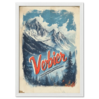 Verbier - Majestic Peaks - Poster featuring snowy mountains and pine forests, with vibrant lettering in a classic travel style.