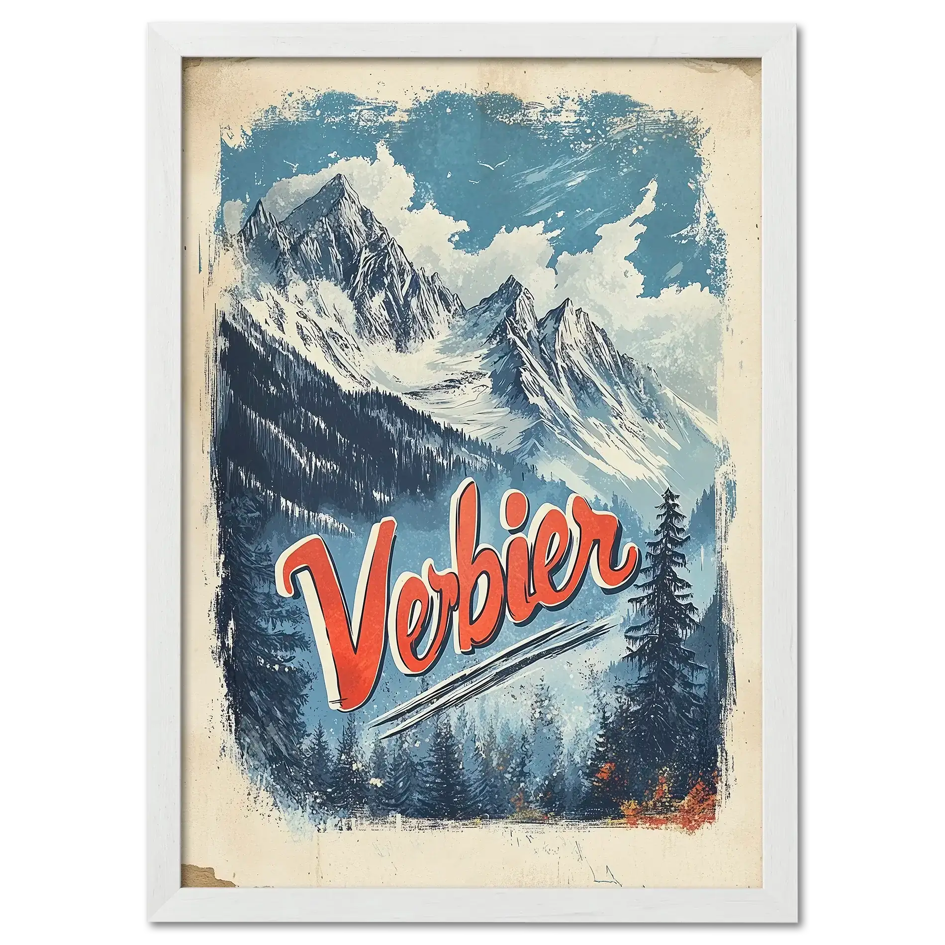 Verbier - Majestic Peaks - Poster featuring snowy mountains and pine forests, with vibrant lettering in a classic travel style.