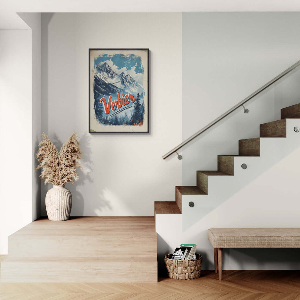 Verbier - Majestic Peaks - Poster displayed in a modern minimalist interior with wooden staircase and decor.