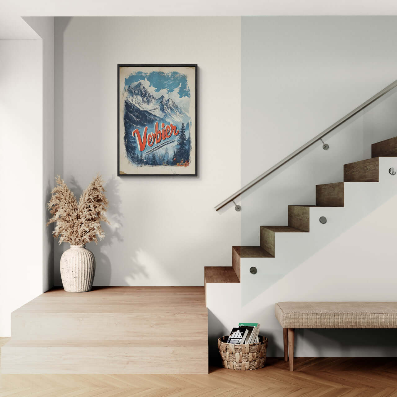 Verbier - Majestic Peaks - Poster displayed in a modern minimalist interior with wooden staircase and decor.