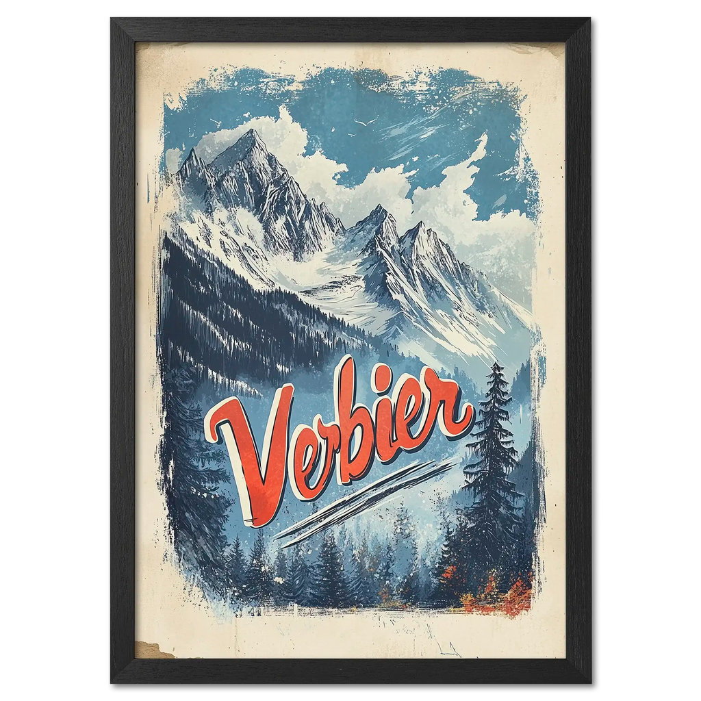 Verbier - Majestic Peaks - Poster artwork featuring dramatic alpine peaks and bold lettering.