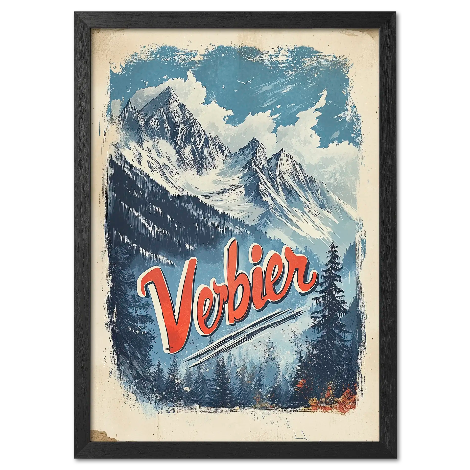 Verbier - Majestic Peaks - Poster artwork featuring dramatic alpine peaks and bold lettering.