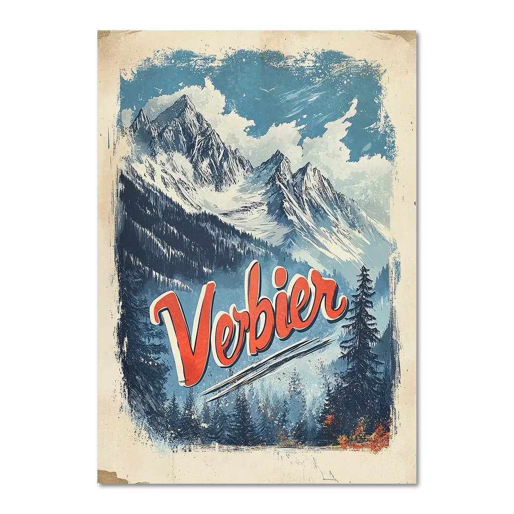 Verbier - Majestic Peaks - Poster featuring dramatic alpine mountains and layered trees in a classic travel poster style.