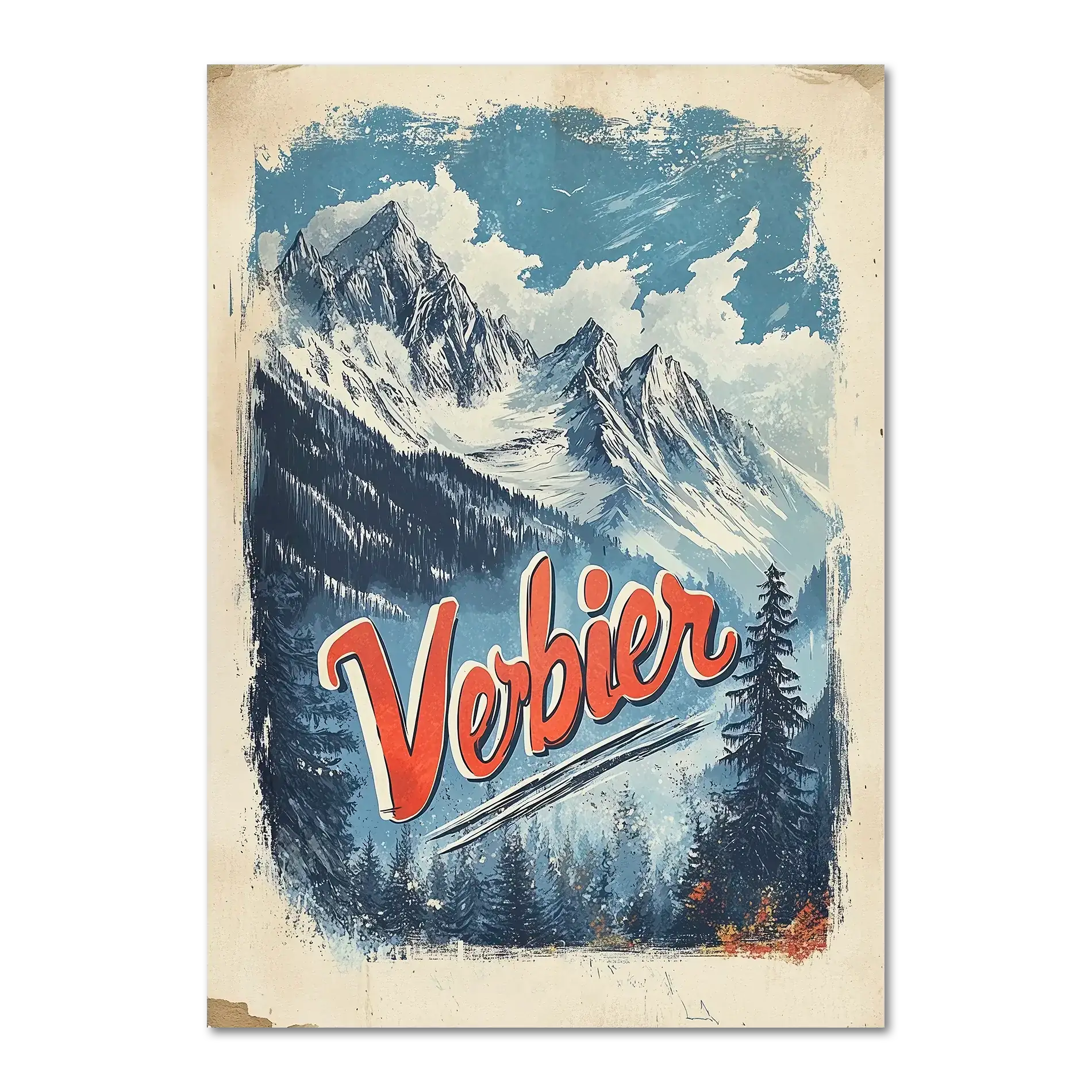 Verbier - Majestic Peaks - Poster featuring dramatic alpine mountains and layered trees in a classic travel poster style.