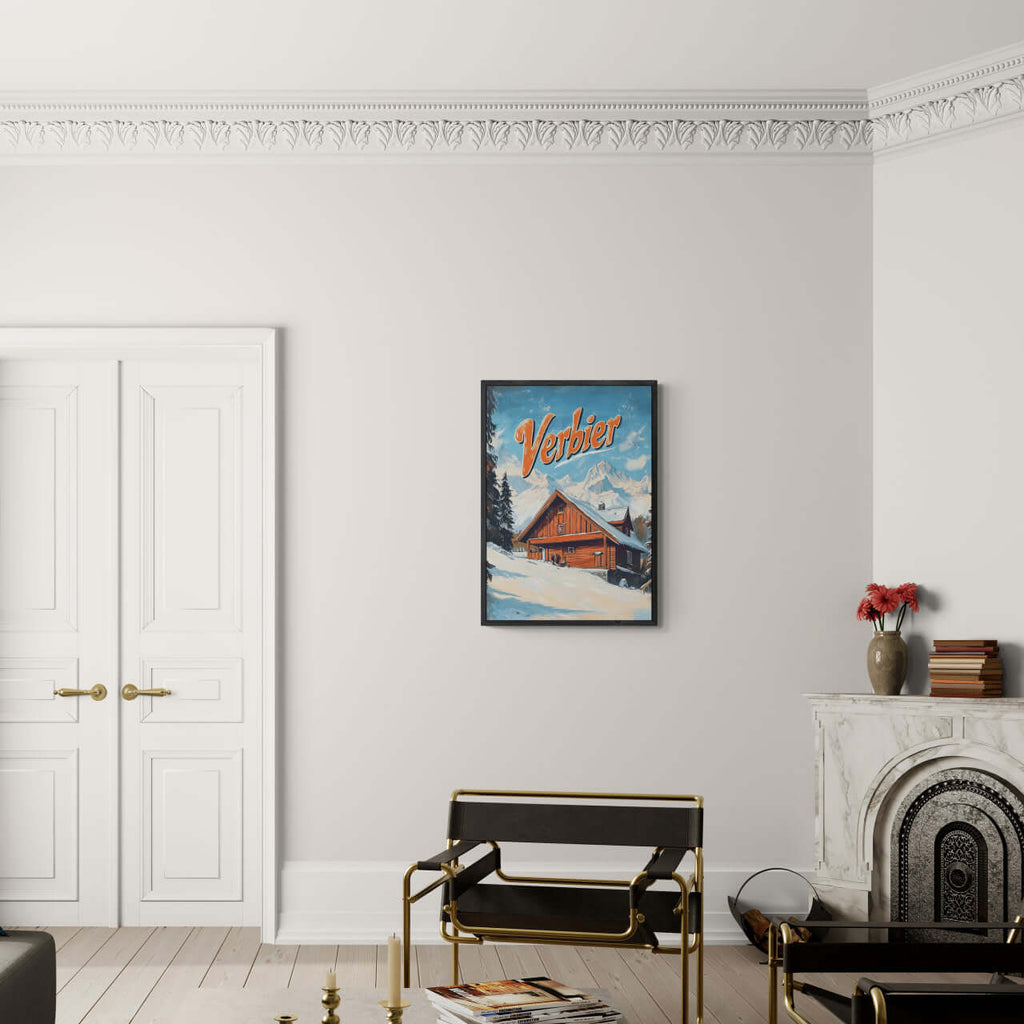 Verbier - Mountain Chalet - Poster displayed on a wall in a modern living room, showcasing cozy alpine decor.