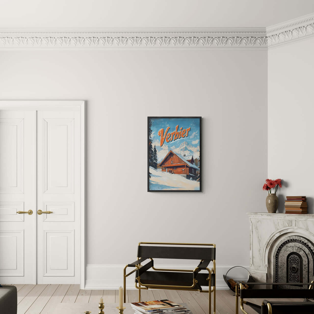 Verbier - Mountain Chalet - Poster displayed on a wall in a modern living room, showcasing cozy alpine decor.