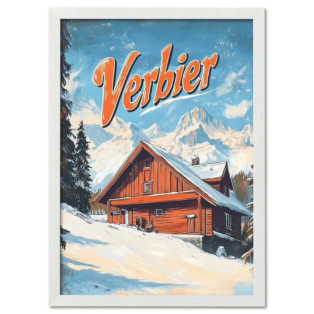 Verbier - Mountain Chalet - Poster featuring a wooden chalet in snow with mountains and blue sky, evoking nostalgia.