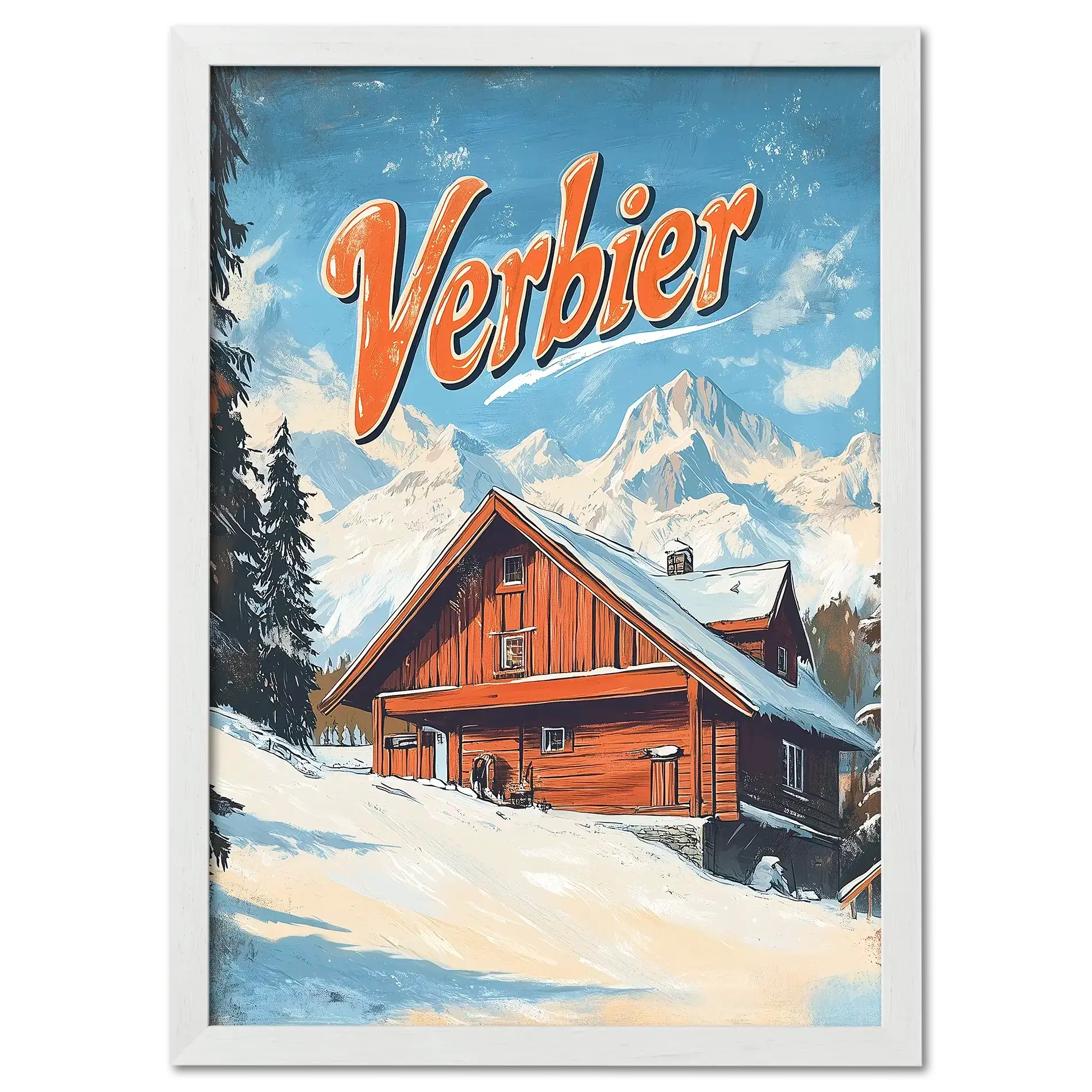 Verbier - Mountain Chalet - Poster featuring a wooden chalet in snow with mountains and blue sky, evoking nostalgia.