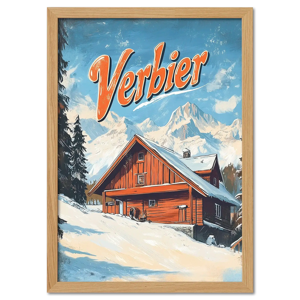 Verbier - Mountain Chalet - Poster featuring a wooden chalet in snow with a clear sky and vintage style lettering.