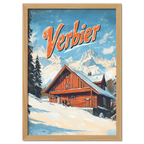 Verbier - Mountain Chalet - Poster featuring a wooden chalet in snow with a clear sky and vintage style lettering.