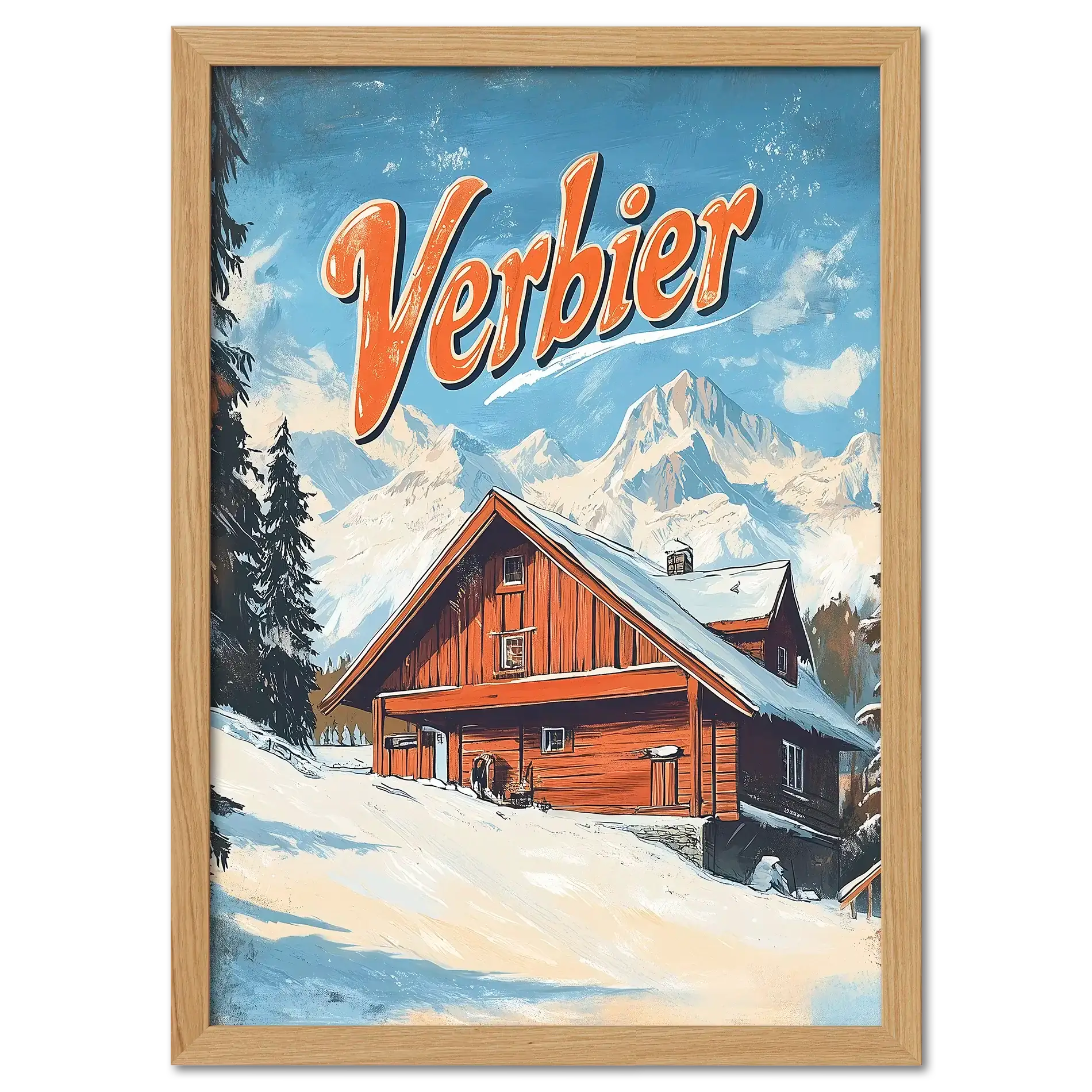 Verbier - Mountain Chalet - Poster featuring a wooden chalet in snow with a clear sky and vintage style lettering.