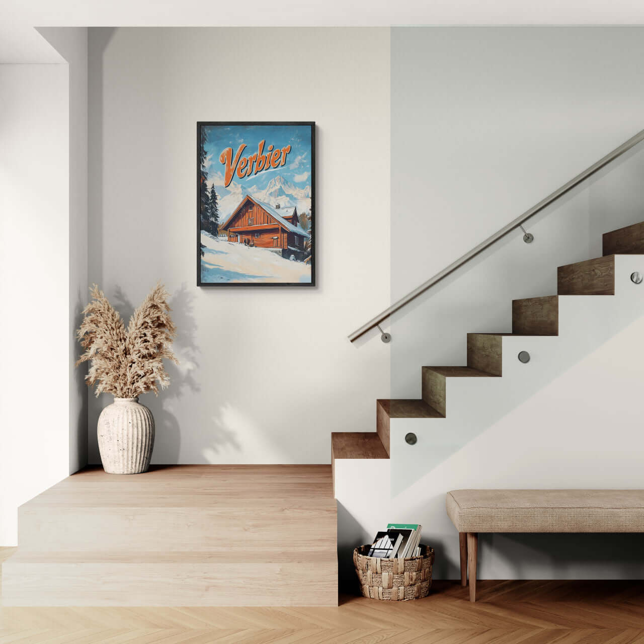 Verbier - Mountain Chalet - Poster displayed in a modern staircase interior, featuring a wooden chalet and winter scenery.