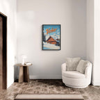 Verbier - Mountain Chalet - Poster displayed in a cozy modern living room with white armchair and natural light.