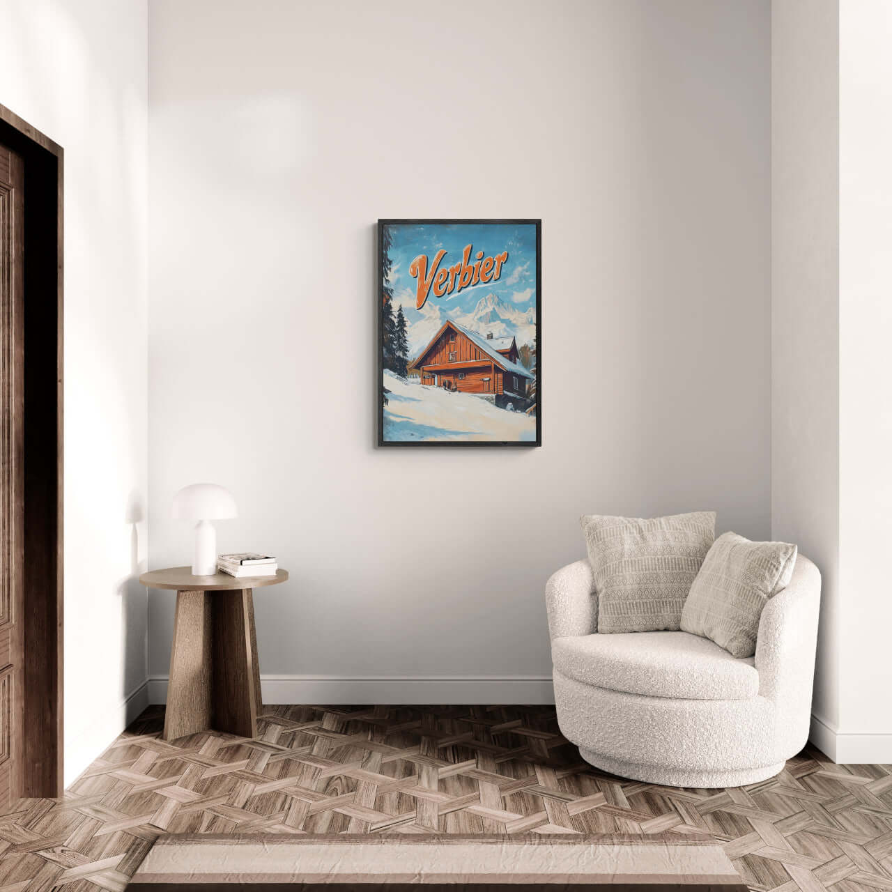 Verbier - Mountain Chalet - Poster displayed in a cozy modern living room with white armchair and natural light.