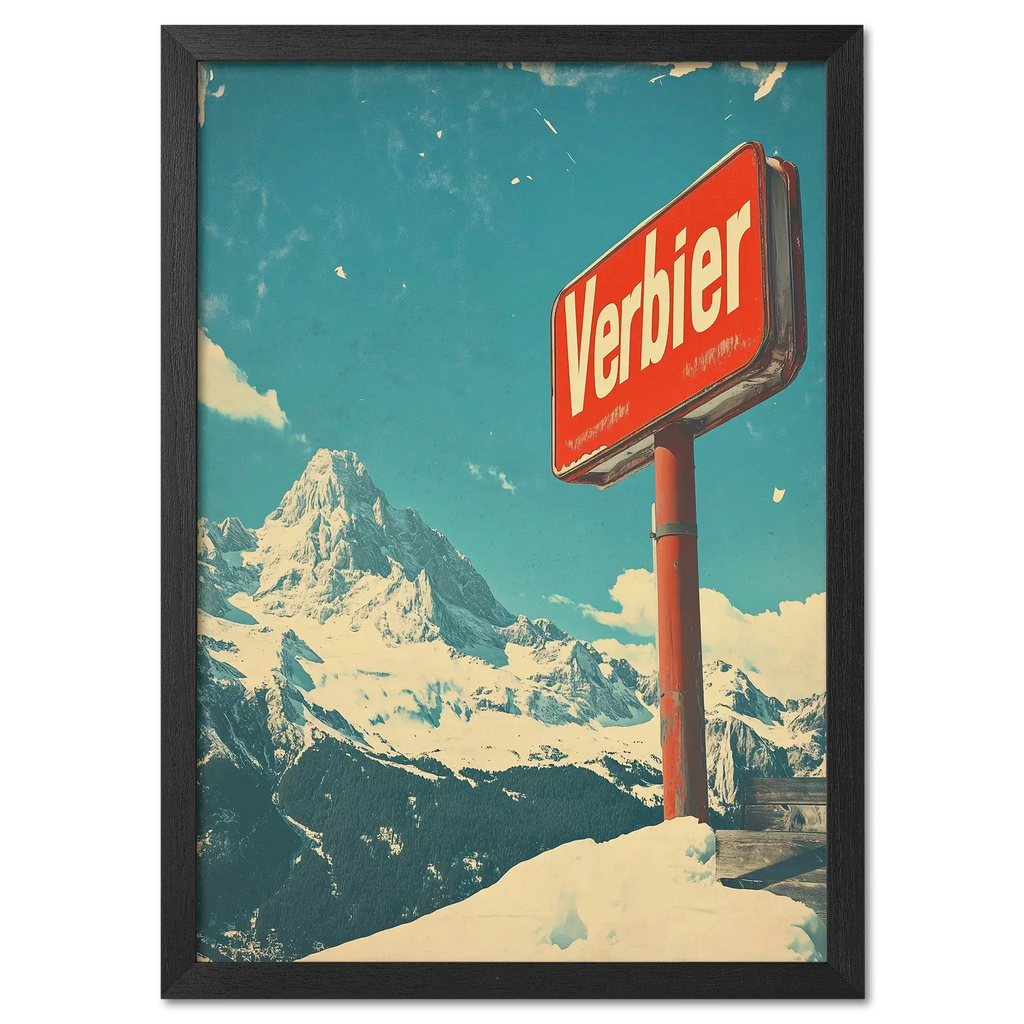 Verbier - Mountain Escape - Poster featuring a vintage red Verbier sign with snowy mountains in the background.