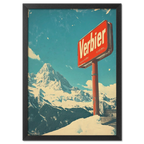Verbier - Mountain Escape - Poster featuring a vintage red Verbier sign with snowy mountains in the background.