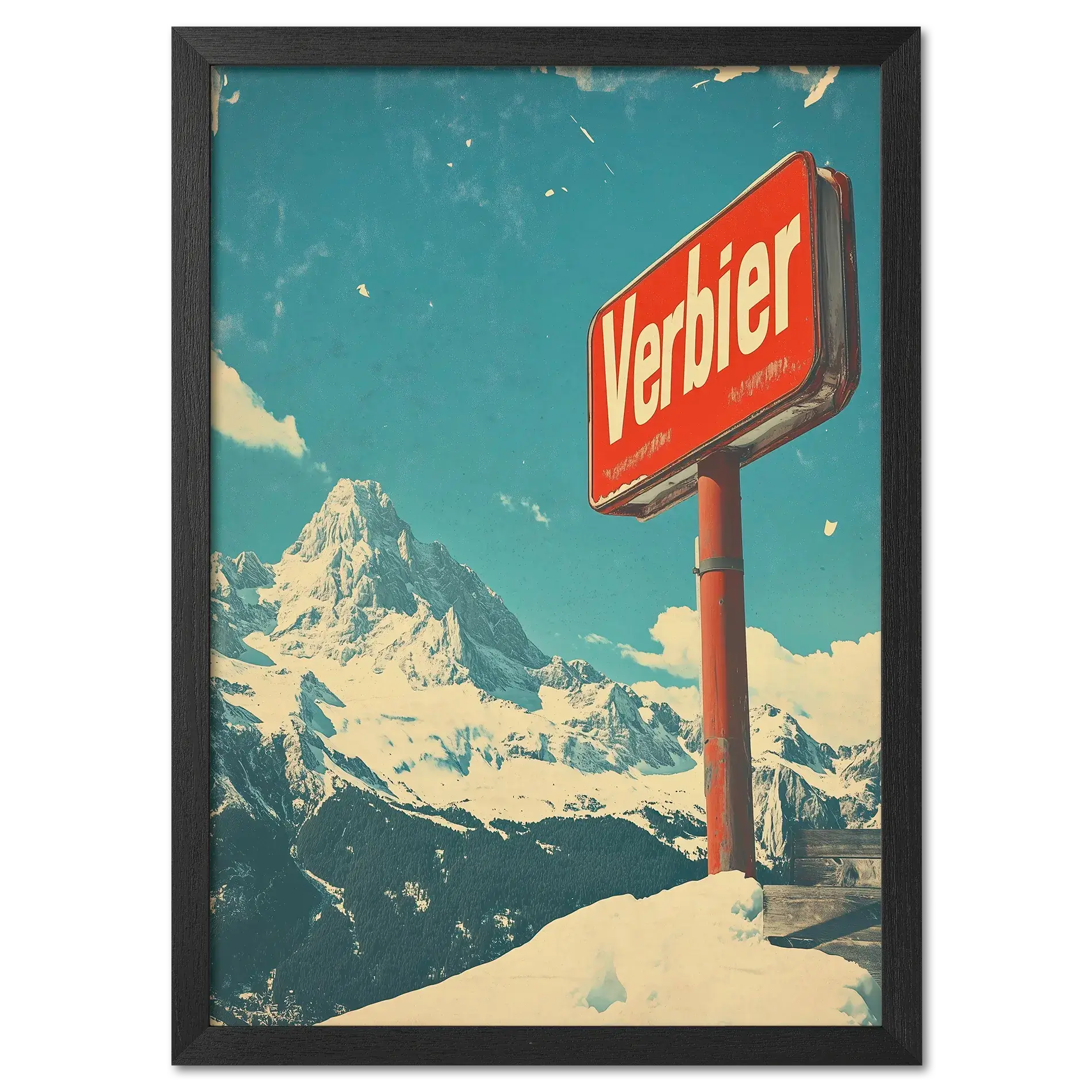 Verbier - Mountain Escape - Poster featuring a vintage red Verbier sign with snowy mountains in the background.
