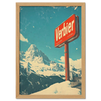 Verbier - Mountain Escape - Poster featuring a red Verbier sign against snow-covered mountains and a clear blue sky.