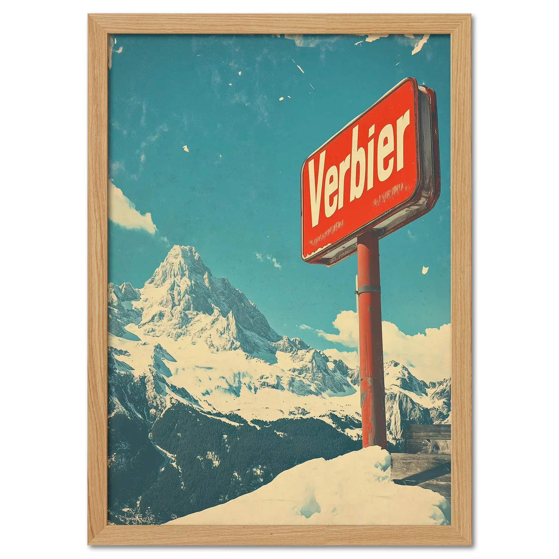 Verbier - Mountain Escape - Poster featuring a red Verbier sign against snow-covered mountains and a clear blue sky.