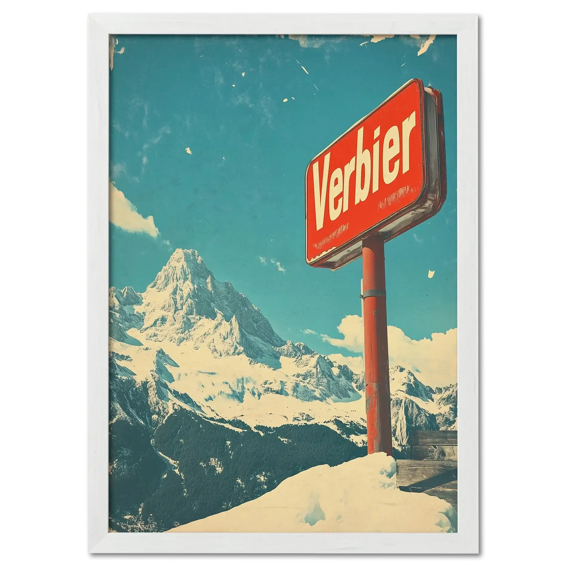 Verbier - Mountain Escape - Poster featuring a red Verbier sign with snow-covered mountains and blue sky in the background.