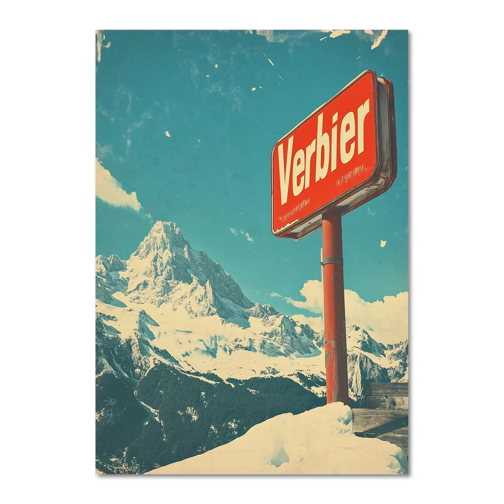 Verbier - Mountain Escape - Poster featuring a red Verbier sign against a snowy alpine landscape under a blue sky.