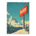 Verbier - Mountain Escape - Poster featuring a red Verbier sign against a snowy alpine landscape under a blue sky.