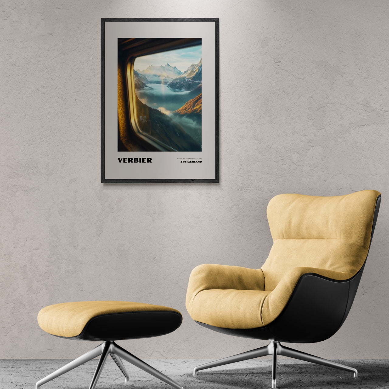 Verbier - Where the Slopes Meet the Sky - Poster displayed in modern interior with yellow chair and striking alpine view.