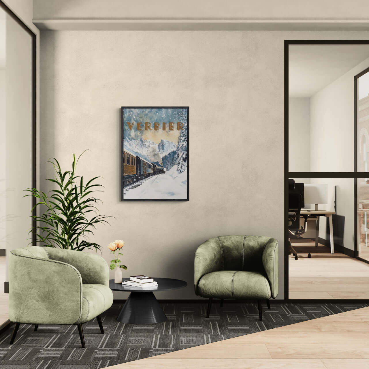 Verbier Skiing - Poster displayed in modern office with green chairs and plants, showcasing vintage alpine scene.