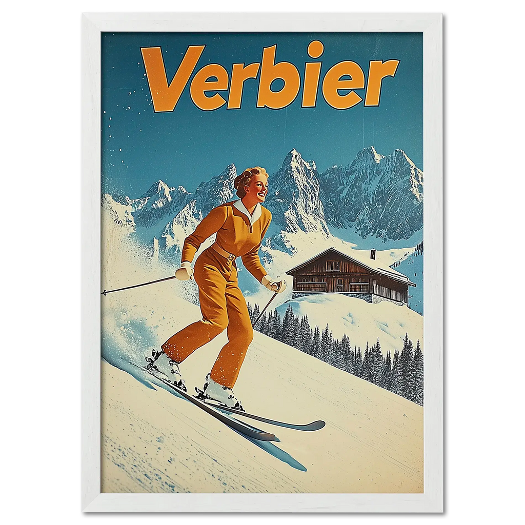 Verbier Skiing - Poster featuring a skier in orange outfit skiing down snowy slope with alpine peaks in the background.
