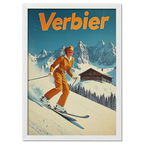 Verbier Skiing - Poster featuring a skier in orange outfit skiing down snowy slope with alpine peaks in the background.