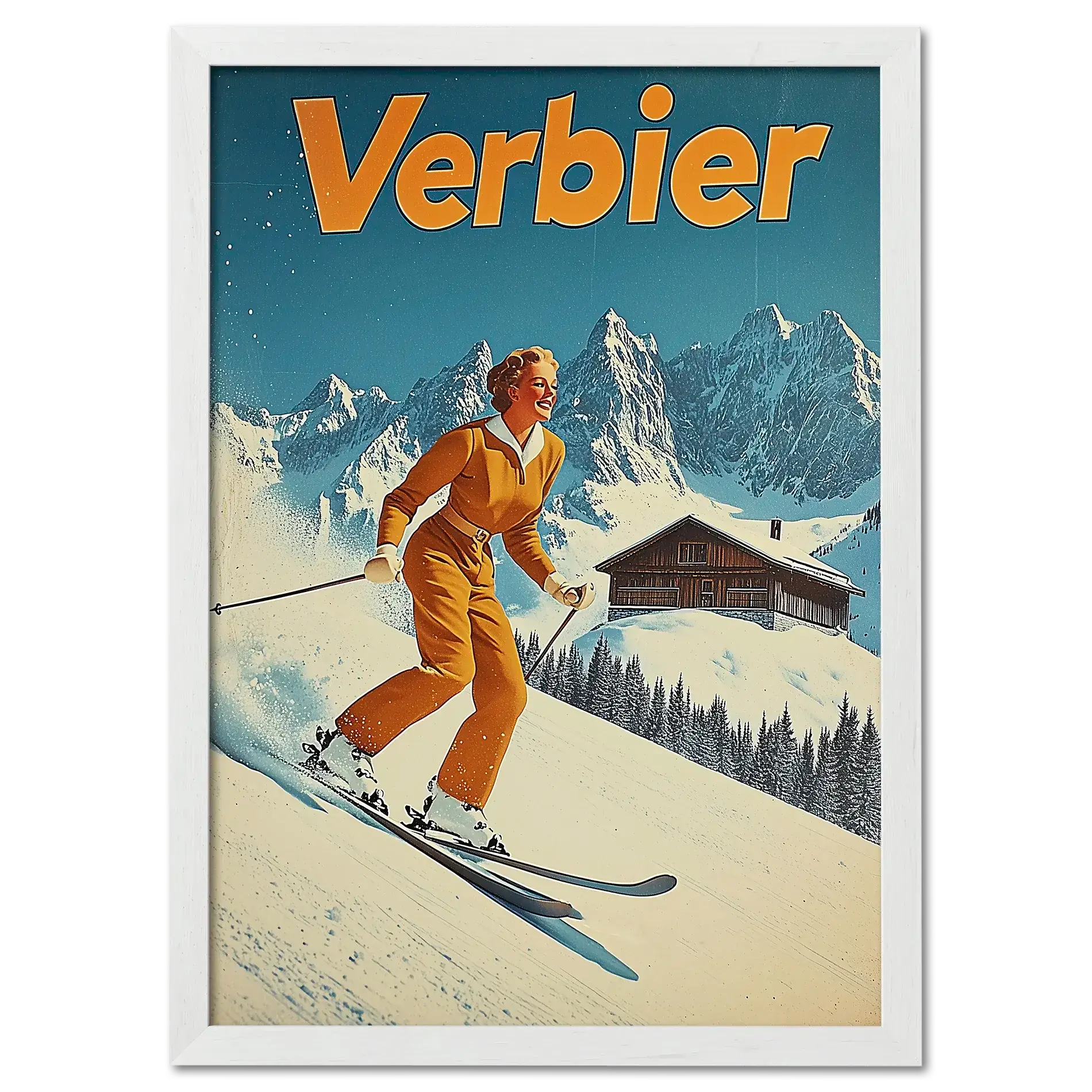 Verbier Skiing - Poster featuring a skier in orange outfit skiing down snowy slope with alpine peaks in the background.