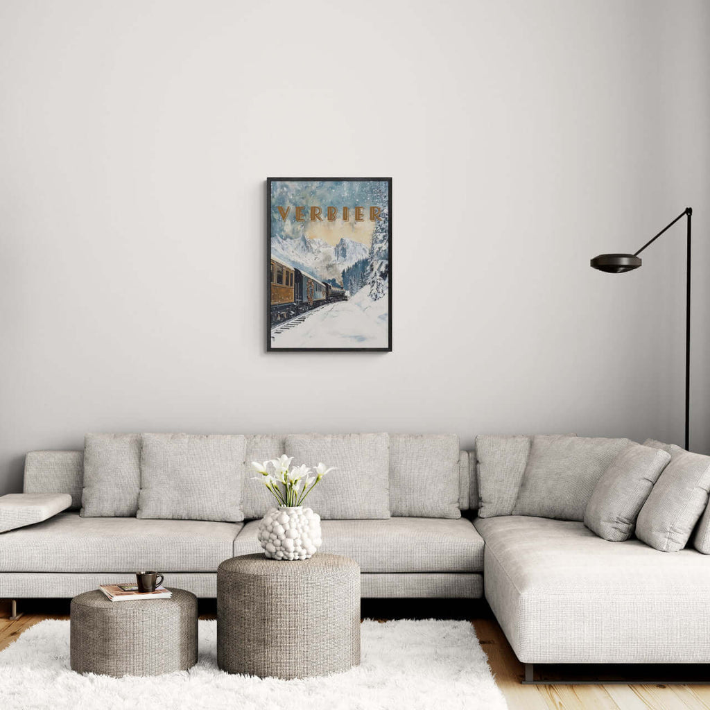 Verbier Skiing - Poster displayed in a modern living room, showcasing snowy mountains and a cozy atmosphere.