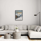 Verbier Skiing - Poster displayed in a modern living room, showcasing snowy mountains and a cozy atmosphere.