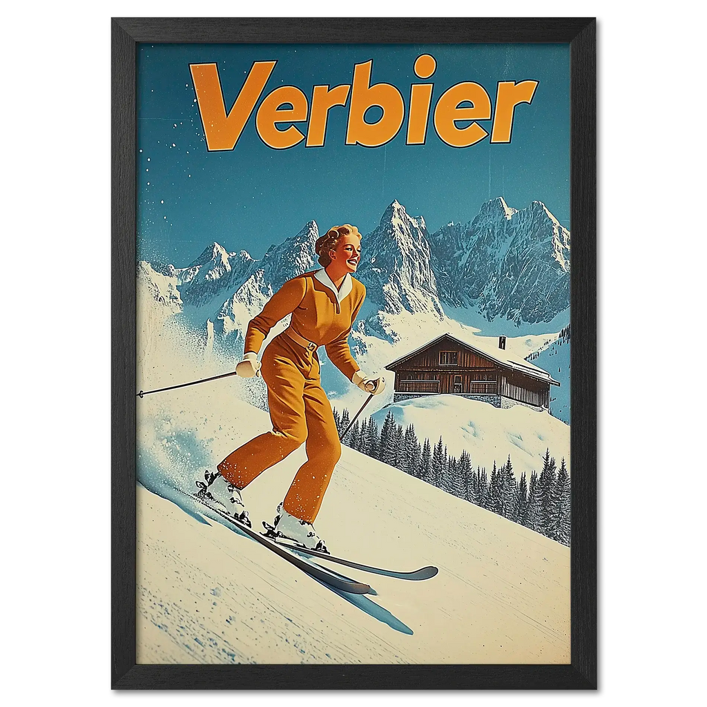 Verbier Skiing - Poster featuring a skier in retro style on snowy slopes with peaks and a chalet in the background.
