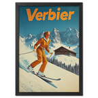 Verbier Skiing - Poster featuring a skier in retro style on snowy slopes with peaks and a chalet in the background.