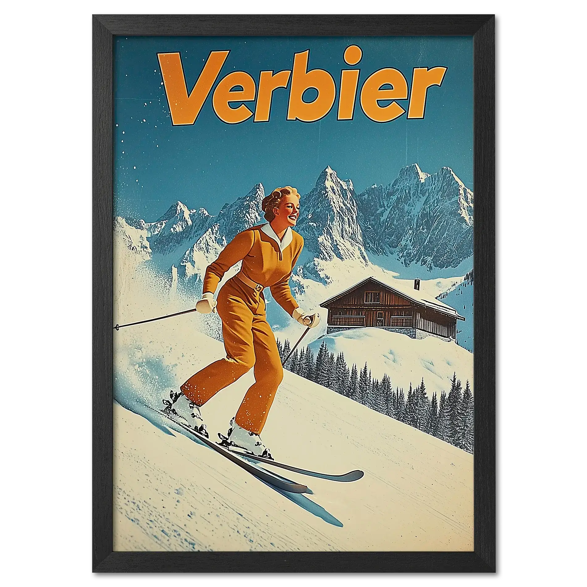 Verbier Skiing - Poster featuring a skier in retro style on snowy slopes with peaks and a chalet in the background.