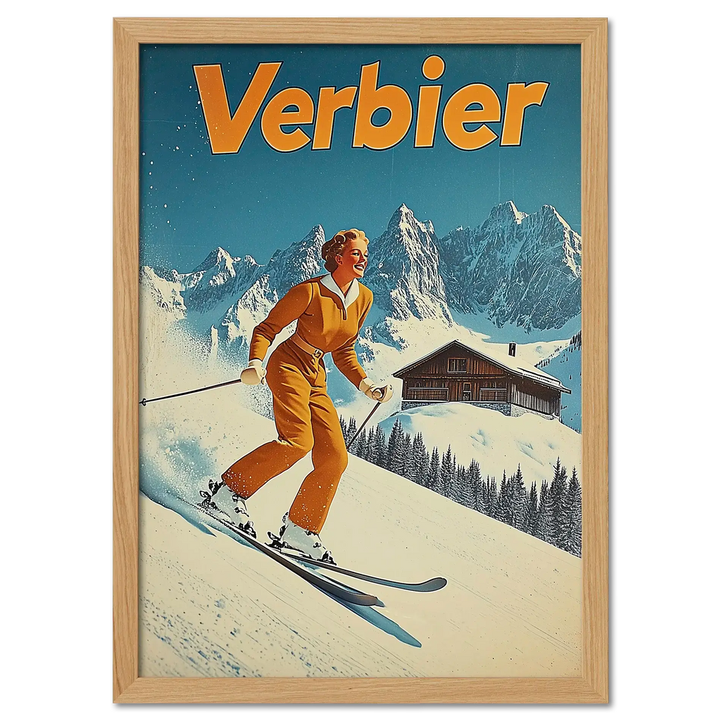 Verbier Skiing - Poster featuring a skier in retro style gliding down a snowy slope with mountains in the background.