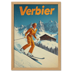 Verbier Skiing - Poster featuring a skier in retro style gliding down a snowy slope with mountains in the background.