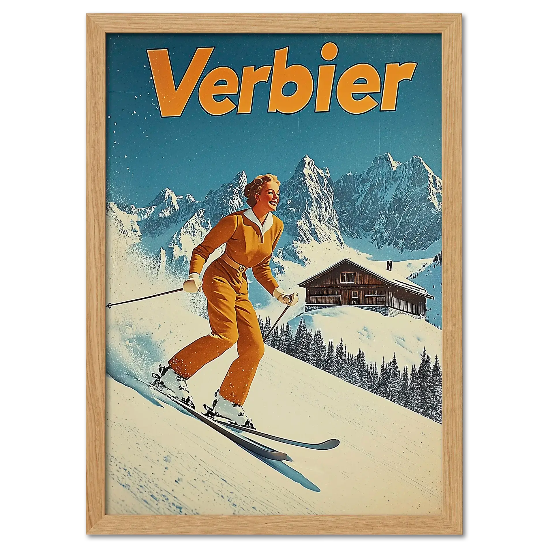 Verbier Skiing - Poster featuring a skier in retro style gliding down a snowy slope with mountains in the background.