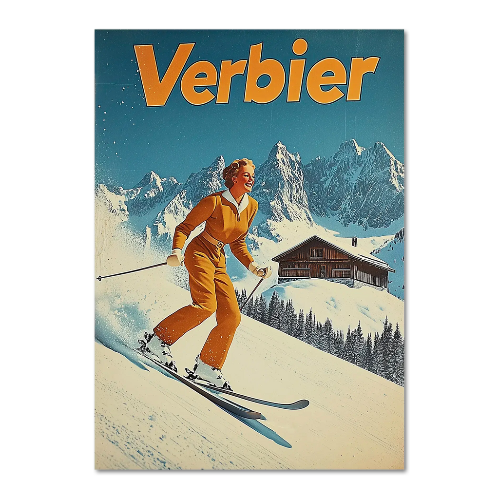 Verbier Skiing - Poster featuring a skier in orange outfit gliding down snowy slope with alpine peaks in background.