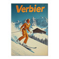 Verbier Skiing - Poster featuring a skier in orange outfit gliding down snowy slope with alpine peaks in background.