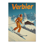 Verbier Skiing - Poster featuring a skier in orange outfit gliding down snowy slope with alpine peaks in background.