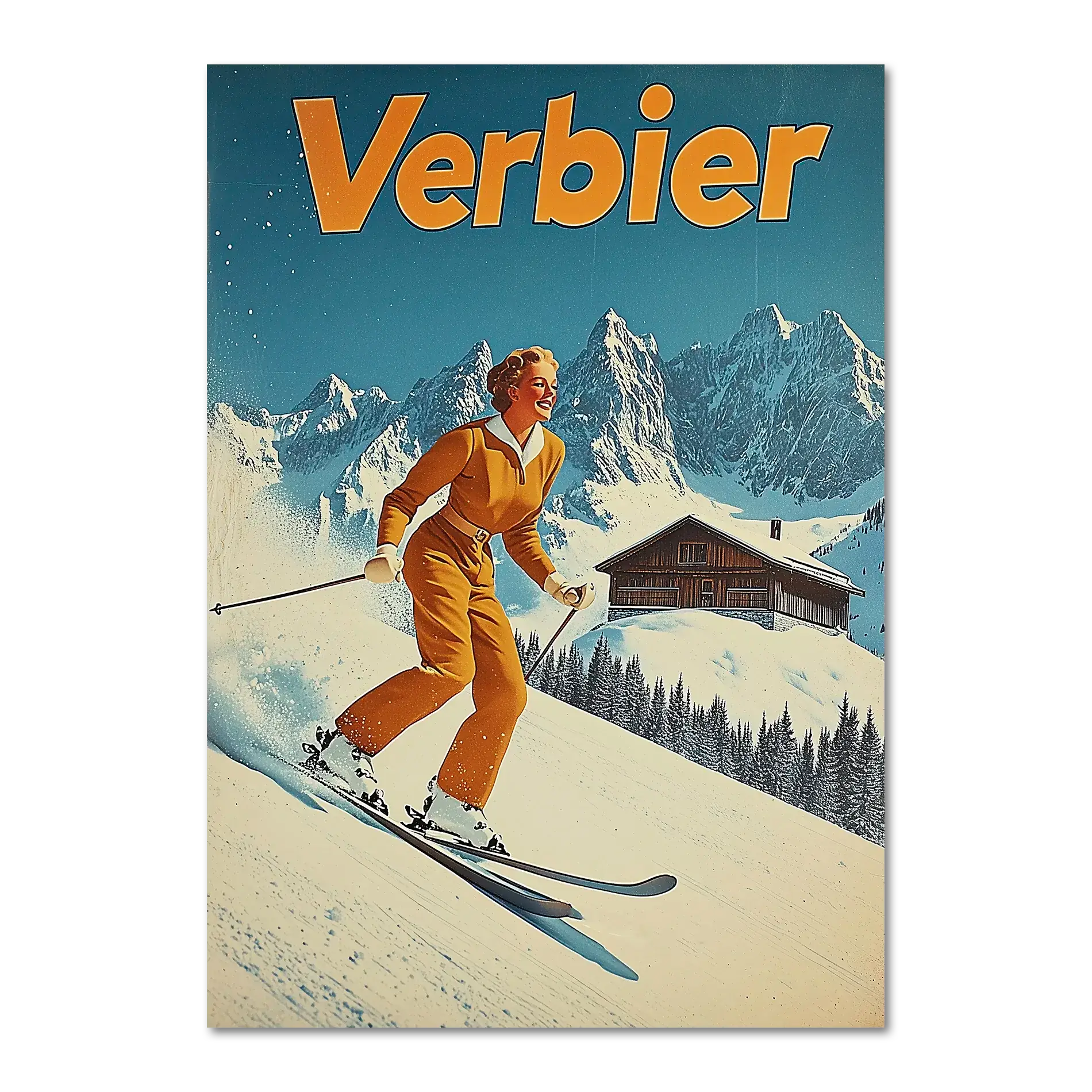 Verbier Skiing - Poster featuring a skier in orange outfit gliding down snowy slope with alpine peaks in background.
